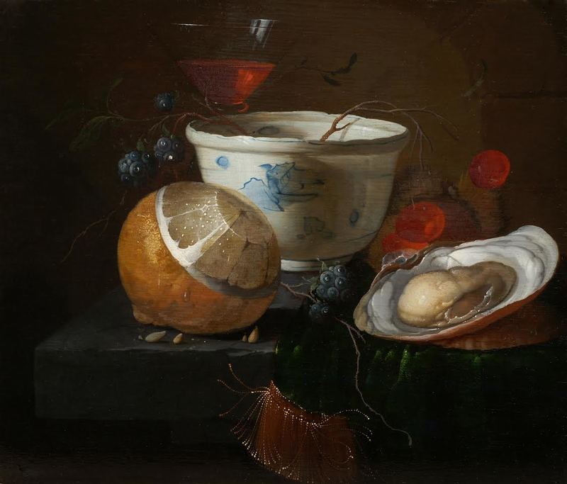 Coupe de porcelaine de Chine avec huitre, citron et cerise sur un entrablement, Elias van den Broeck